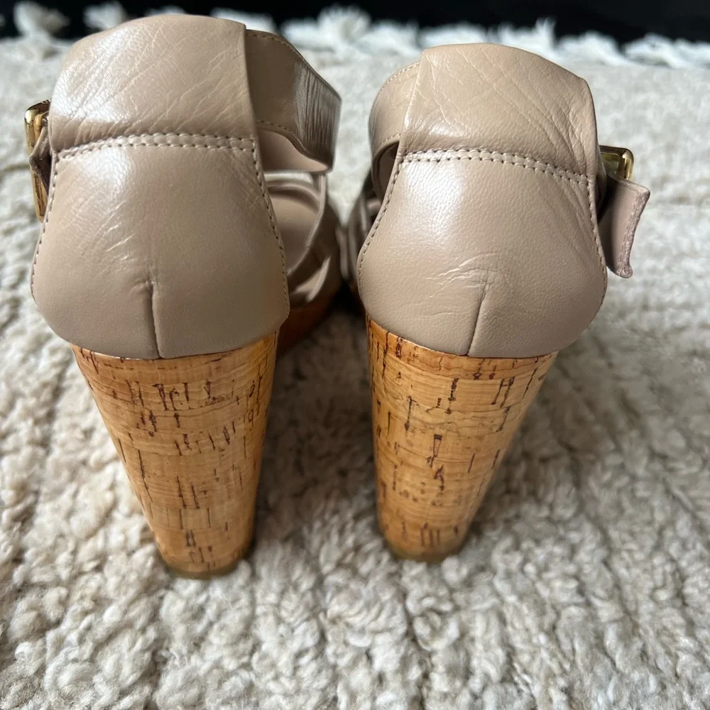 Cole Hann Neutral Cork Wedge Sandals with Gold Buckle